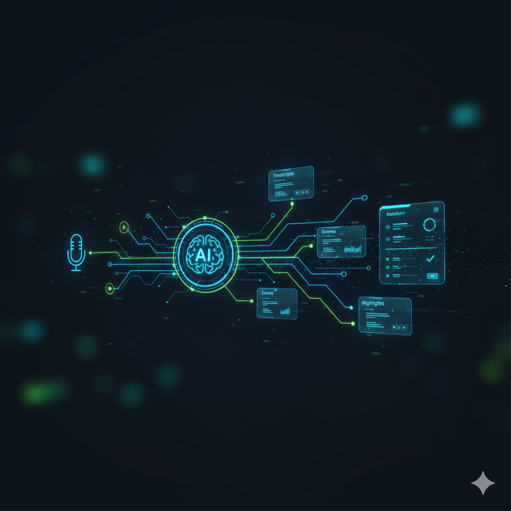 AI-powered screening workflow visualization showing voice recognition, transcripts, scores, and analytics